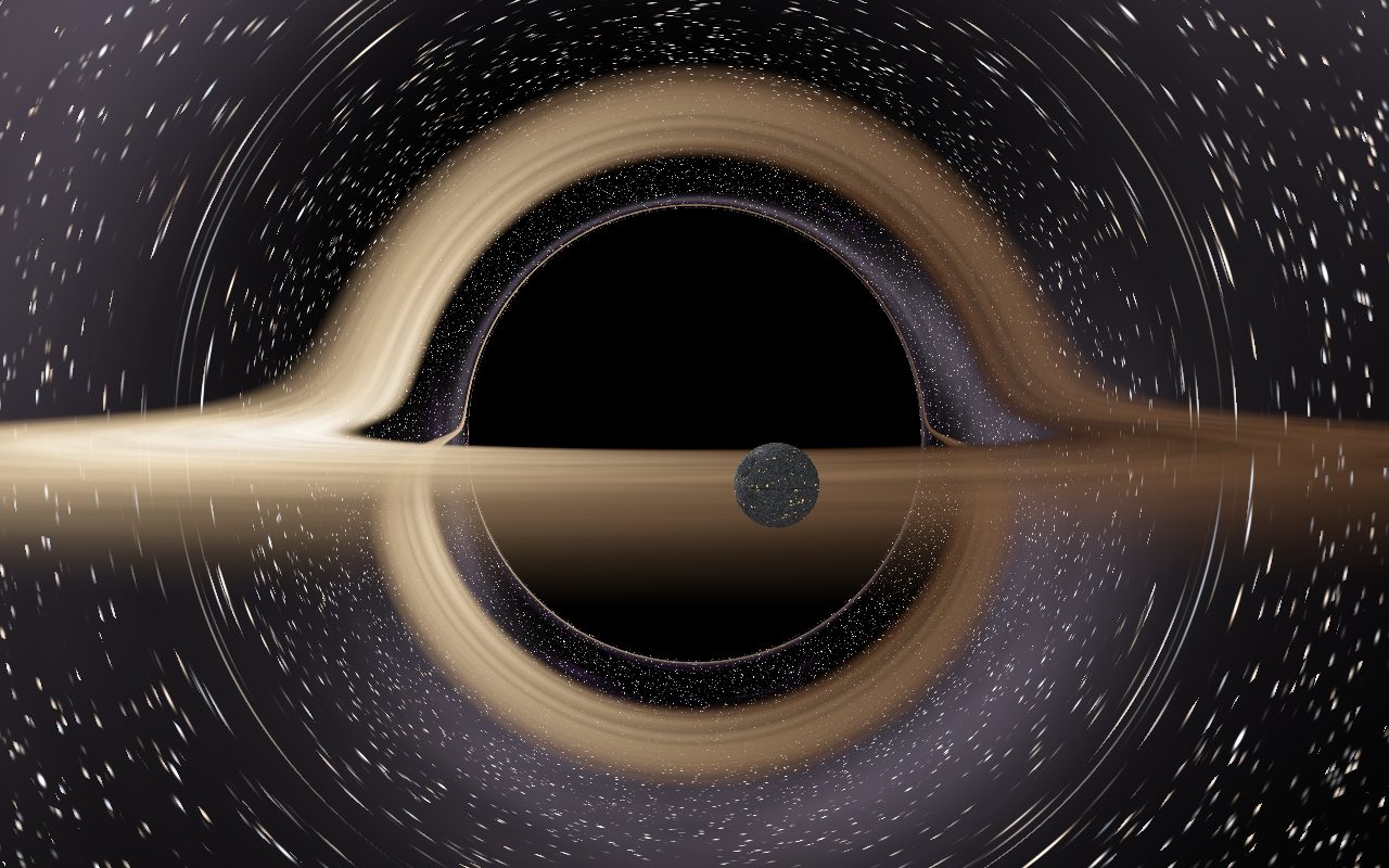 A battle station falling toward a black hole whose glowing disk is bent over its shadow