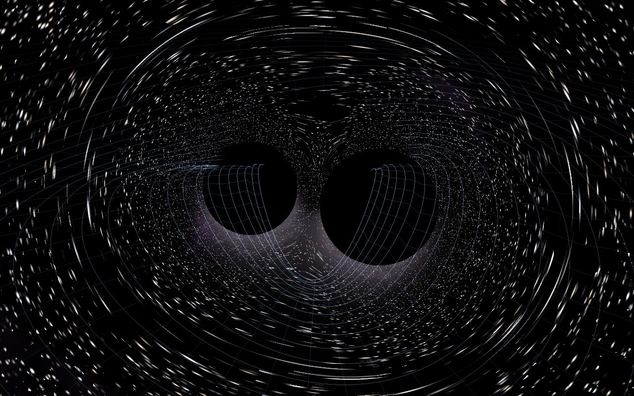 Two black holes spiralling together above a rippling grid of spacetime