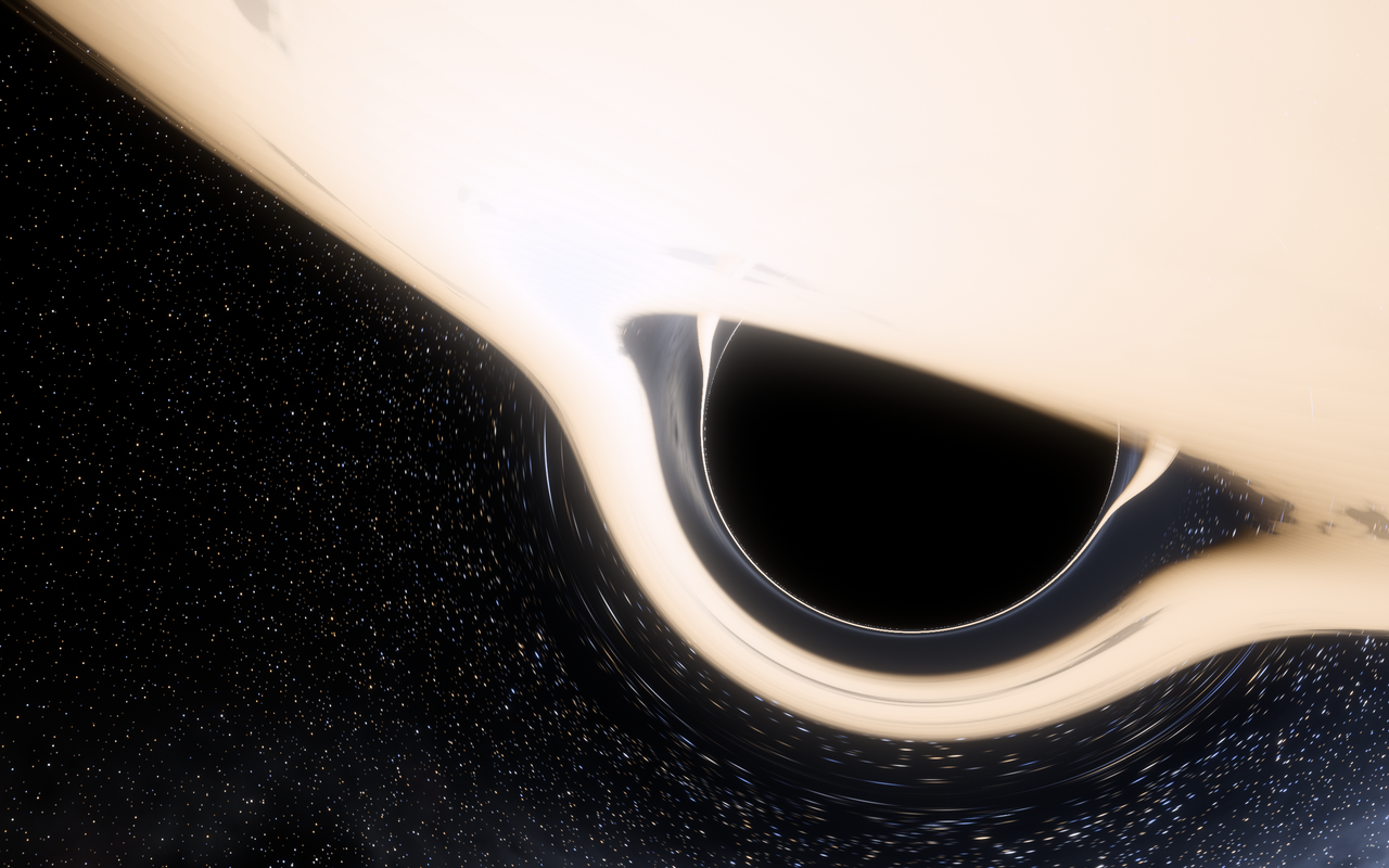The view from a ship swinging past a black hole, its glowing disk towering overhead