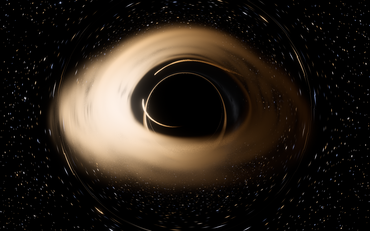 A ship stretched into a glowing stream that wraps around a black hole