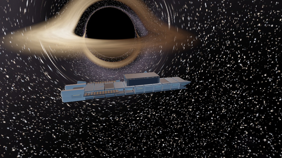 The three-dimensional Meridian starship beginning to break apart beside a gravitationally lensed black hole